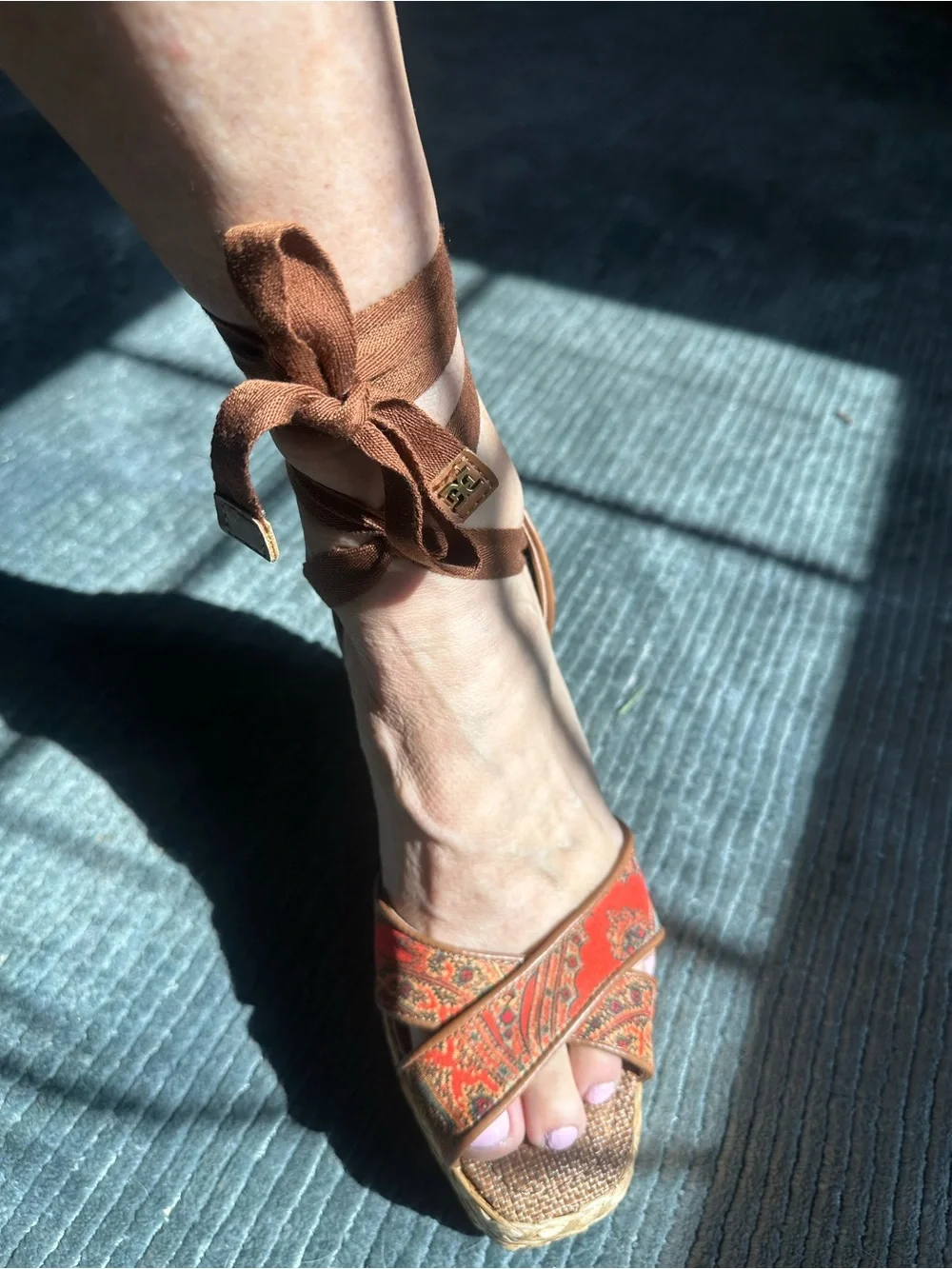 Sam Edelman Brown Ankle-Tie Wedge Sandals with Red Patterned Straps